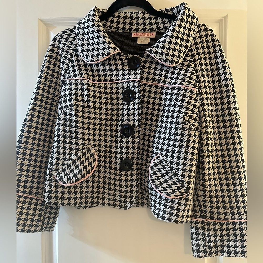 Soulmates Houndstooth Checked Jacket with Pink Satin Trim Size Large